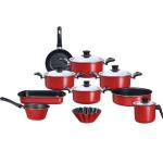 Trueval طقم حلل تيفلون ، بغطاء ستانلس ستيل، 15 قطعه - احمر