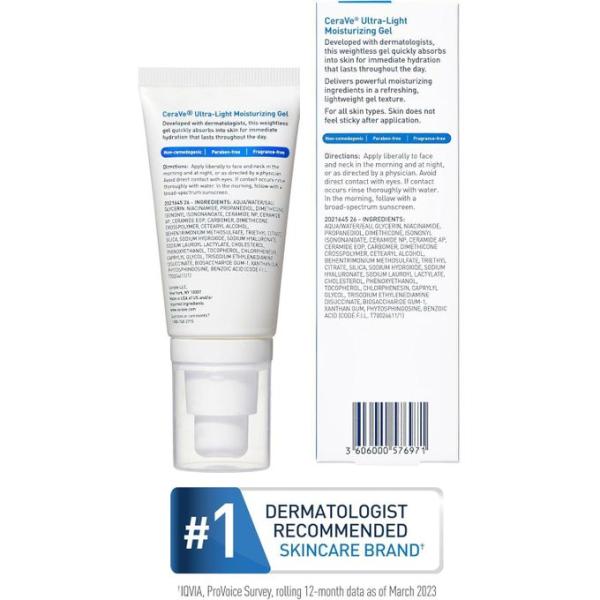 Cerave Ultra-Light Moisturizing Gel Hydrating Gel Face Moisturizer with Ceramides, Niacinamide, Hyaluronic Acid Fragrance Free Oil-Free