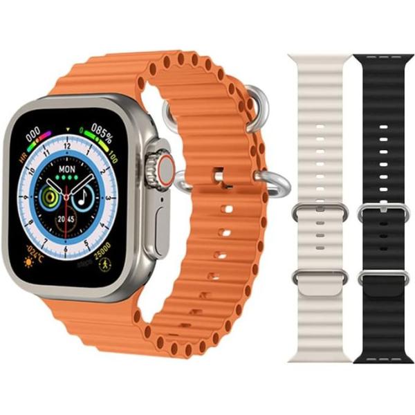 ساعة ذكية سمارت ووتش الترا، شاشة عرض كاملة كبيرة, شحن لاسلكي, تدعم اوضاع رياضية متعددة، متوافقة مع جوالات ايفون واندرويد، سوار سيليكون (برتقالي)