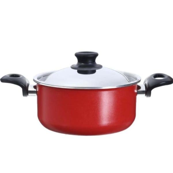 Trueval طقم حلل تيفلون ، بغطاء ستانلس ستيل، 15 قطعه - احمر