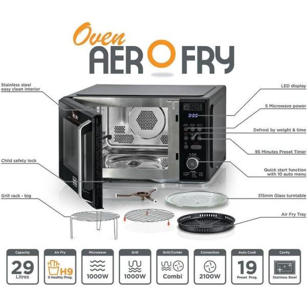 Qayym فرن ميكروويف ديجيتال 4 في 1 مع مقلاة هوائية، شواية وحرارة، 29 لتر، أسود - MZAF2910-B5