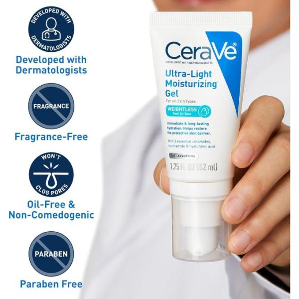 Cerave Ultra-Light Moisturizing Gel Hydrating Gel Face Moisturizer with Ceramides, Niacinamide, Hyaluronic Acid Fragrance Free Oil-Free